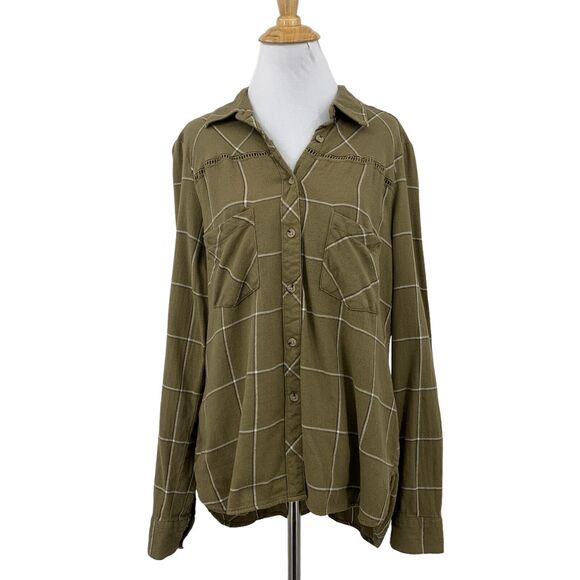 Shyanne Tops - Shyanne Top Women M Medium Plaid Flannel Ladder Lace Long Sleeve Droptail Hem